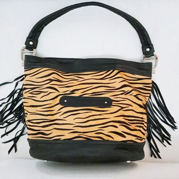 B MAKOWSKI Calf Hair Tan Black Zebra Fringe Leather Hobo Shoulder Bag EUC - Picture 4 of 10
